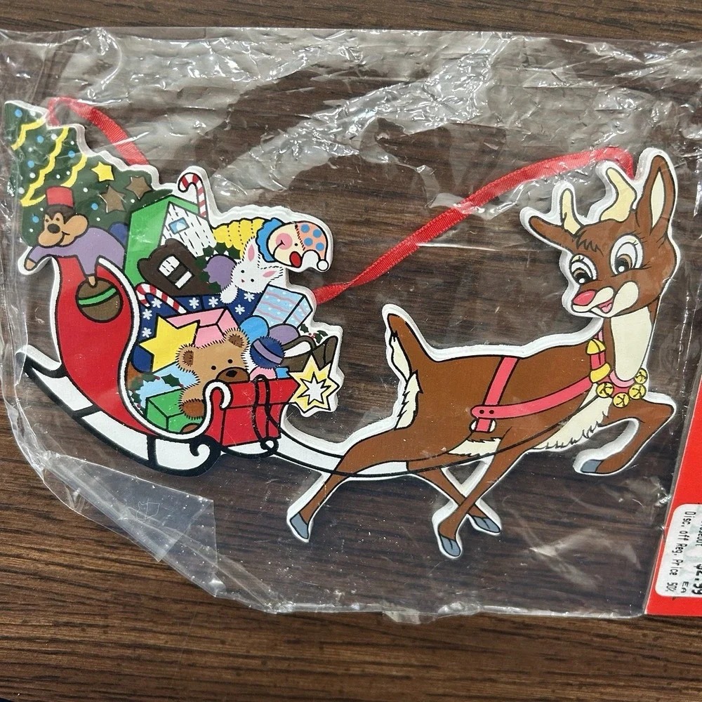 Vintage Kurt Adler Wood Christmas Ornament Rudolph Sleigh Toys NOS Santa's World